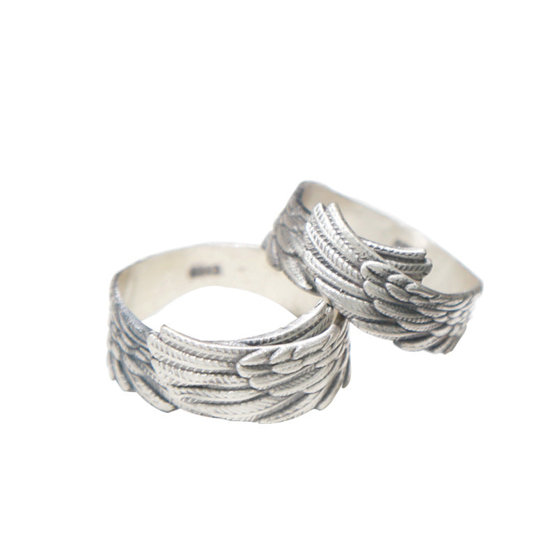 990 Sterling Silver Ring, Live Mouth Pure Silver Feather Couple Sterling Silver Ring Pair Ring