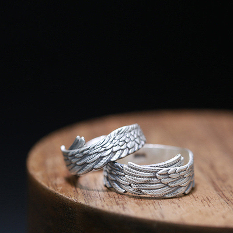 990 Sterling Silver Ring, Live Mouth Pure Silver Feather Couple Sterling Silver Ring Pair Ring