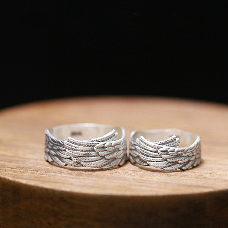 990 Sterling Silver Ring, Live Mouth Pure Silver Feather Couple Sterling Silver Ring Pair Ring