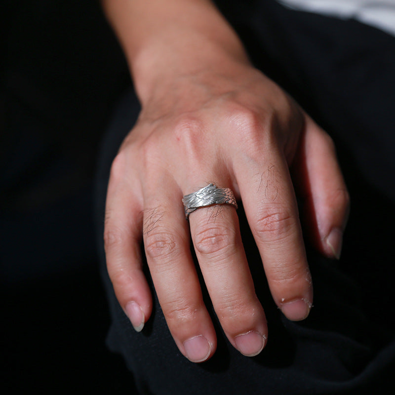 990 Sterling Silver Ring, Live Mouth Pure Silver Feather Couple Sterling Silver Ring Pair Ring