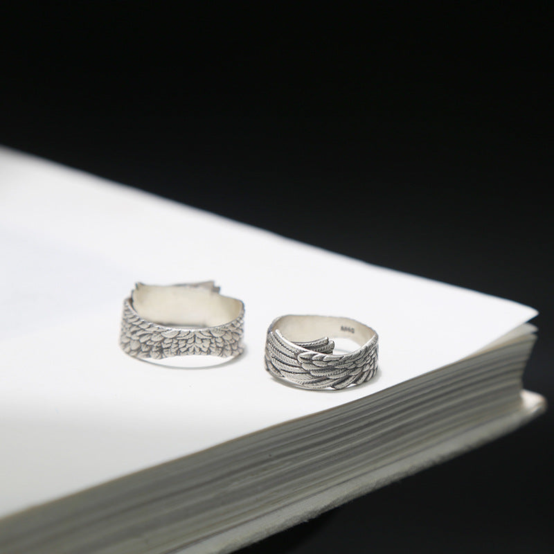 990 Sterling Silver Ring, Live Mouth Pure Silver Feather Couple Sterling Silver Ring Pair Ring