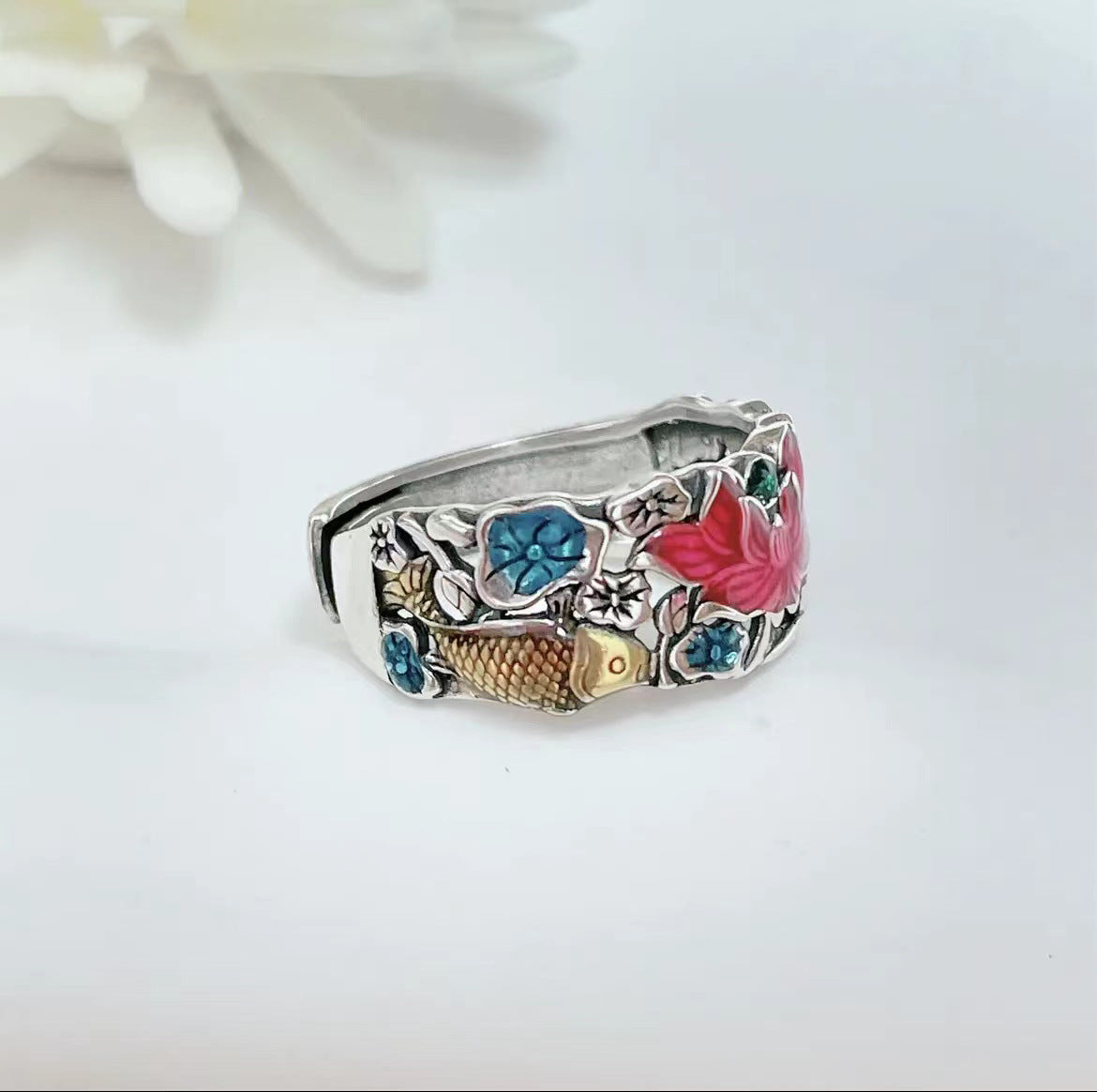 Fish Play Lotus Ring Women's Retro Distressed