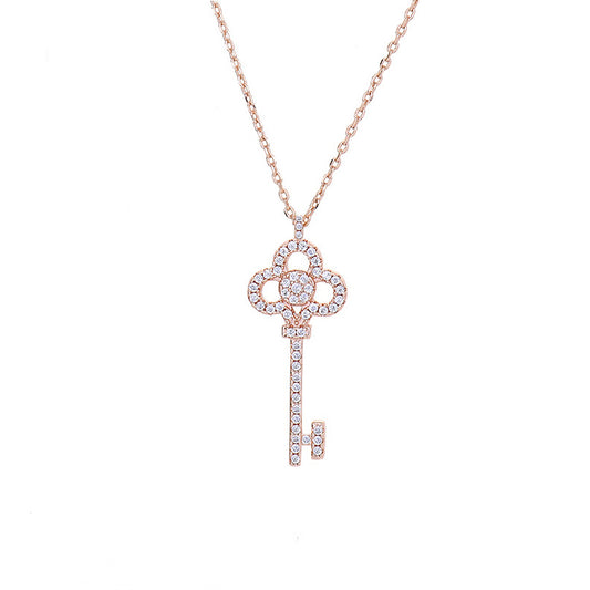 Rose Gold Rhinestone Heart Crown Key Necklace