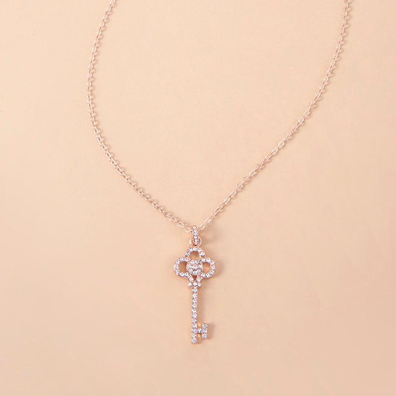 Rose Gold Rhinestone Heart Crown Key Necklace