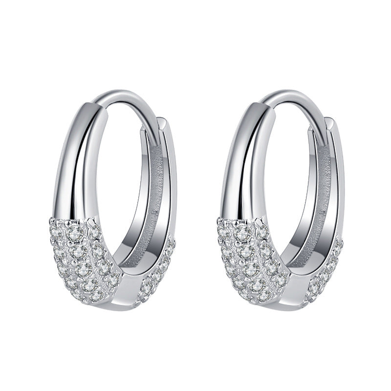 Sterling Silver S925 French Oval Minimal Design Diamond Set Zircon Earrings