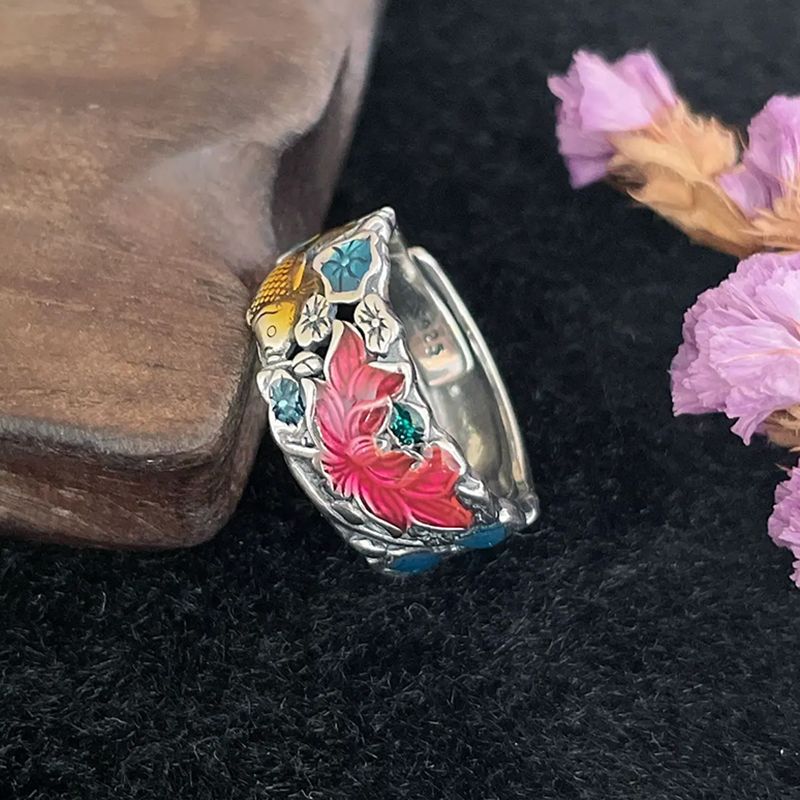 Fish Play Lotus Ring Women's Retro Distressed