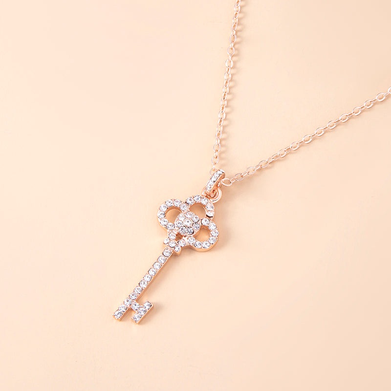 Rose Gold Rhinestone Heart Crown Key Necklace