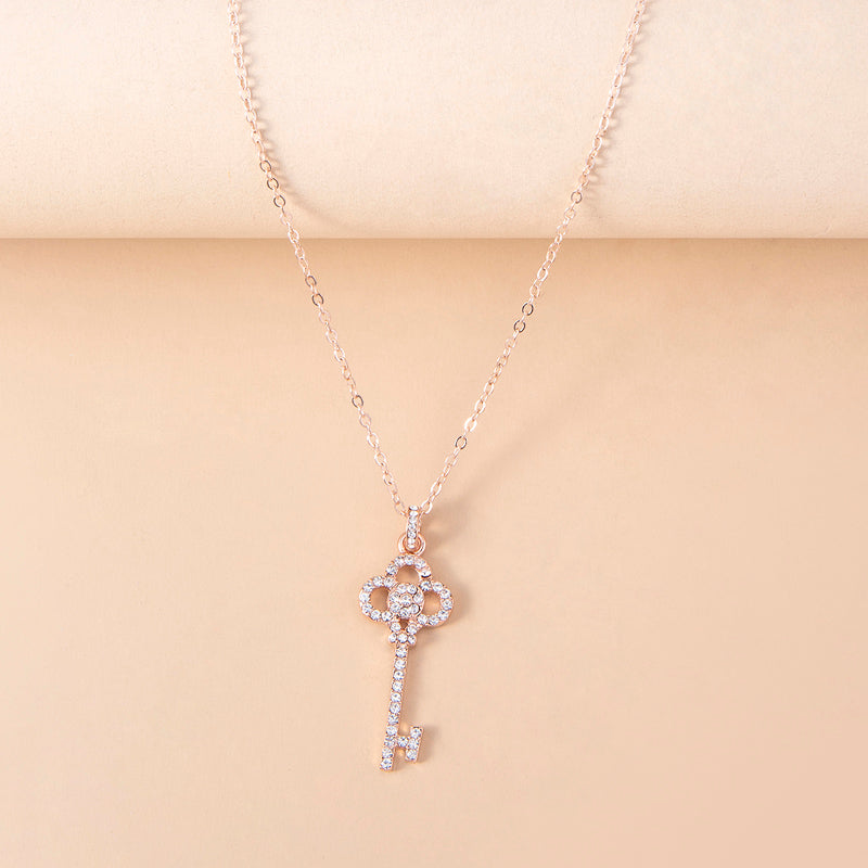 Rose Gold Rhinestone Heart Crown Key Necklace